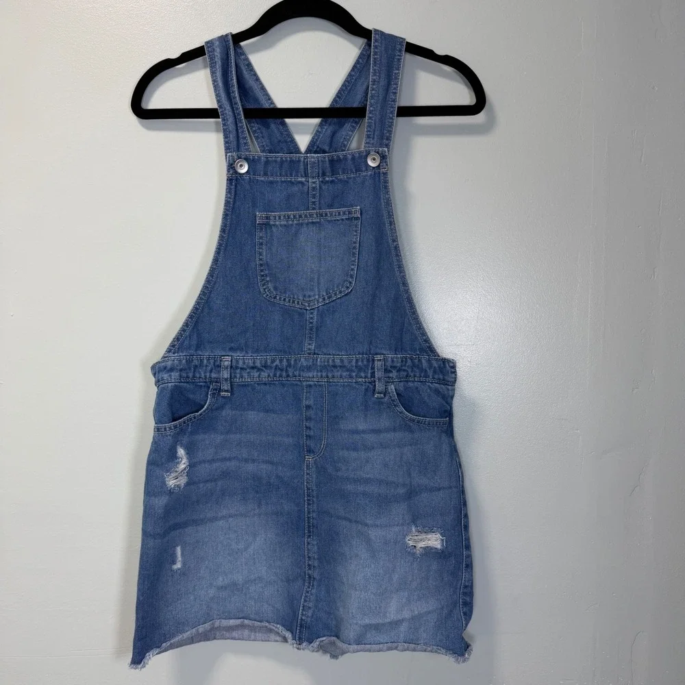 The Childrens Place Girls Denim Overall Dress Blue Distressed Raw‎ Hem Size 14